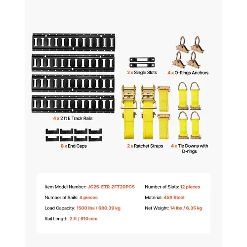 VEVOR E-Track-Zurrschienen-Set, 4er-Pack 0,6 m E-Track-Schienen, 20 Stk, inkl. 2 Ratschengurten & 4 O-Ringen & 4 Zurrgurten mit D-Ring & 2 Einzelschlitzen & 8 Endkappen, für Garagen, Lieferwagen – Bild 6