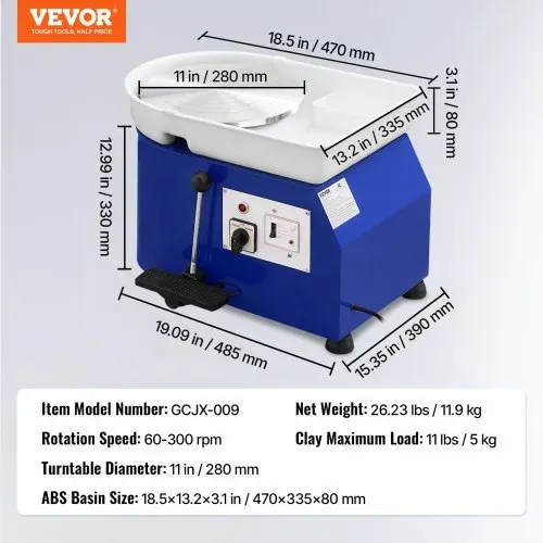 VEVOR Töpferscheibe, 350 W, Tonmaschine 280 mm Drehteller, Drehzahlregelung 60–300 U/min, Hand- & Fußsteuerung, Abnehmbares ABS-Becken, Keramik Clay Maschine für Erwachsene & Anfänger, Blau – Bild 6