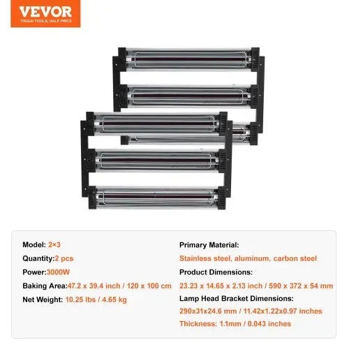 VEVOR Infrarot-Heizstrahler, Lackhärtungslampe, Wärmestrahler, Aushärten für Auto, Infrarotlack, Kochbereich, Lackheizlampe 590x372x54 mm, 2 Sets, 3000 W, Stecker NICHT im Lieferumgang enthalten – Bild 6