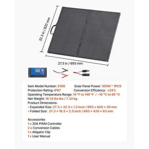 VEVOR Faltbares Solarpanel 100 W, 16BB N-Typ Tragbares Monokristallines Solarmodul mit Rahmen, 24% Wirkungsgrad, IP67, Ladegerät mit 30A PWM-Controller & MC4-Ausgang für Camping, Wandern – Bild 6