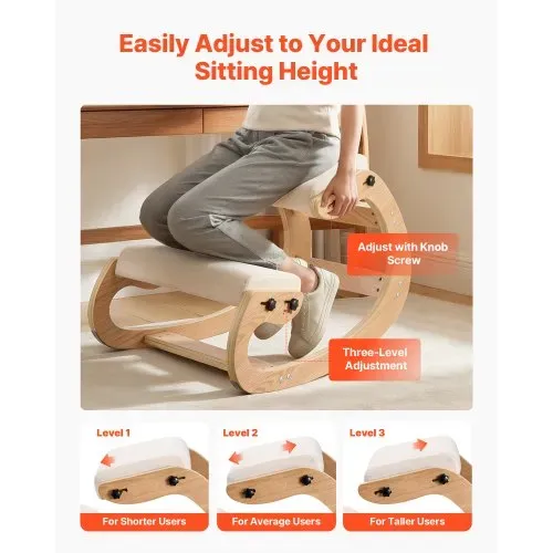VEVOR Ergonomischer Kniehocker mit Dicken, Integrierten Schaumstoffpolstern & Massivholzrahmen, Höheneinstellbarer Kniestuhl zur Entlastung von Nacken und Rücken, Ideal für Zuhause, Büro, Beige – Bild 3
