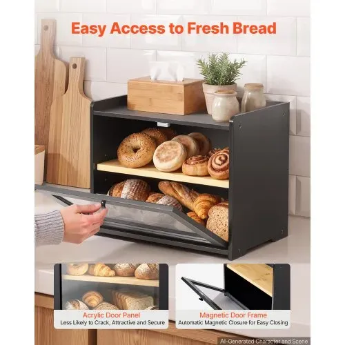 VEVOR Brotkasten mit Acrylfenster 393x262x321 mm Brotbox Bambusholz Schwarz Ideal für Bagels & Muffins, mit Magnetverschluss, Seitenhaken, Belüftungslöchern & 3-Stufig Höhenverstellbarem Einlegeboden – Bild 2