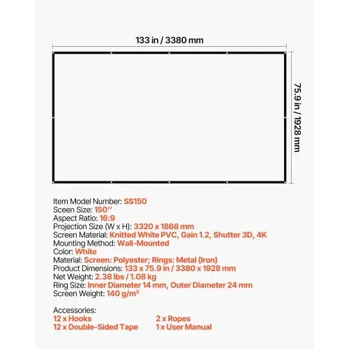 VEVOR manuelle Projektionsleinwand Beamer Leinwand, 150 Zoll 16:9 4K 1080 HD, wandmontierte Projektionsleinwand mir mit 12 Haken und doppelseitigen Klebebändern, Filmprojektion für Heimkino – Bild 6