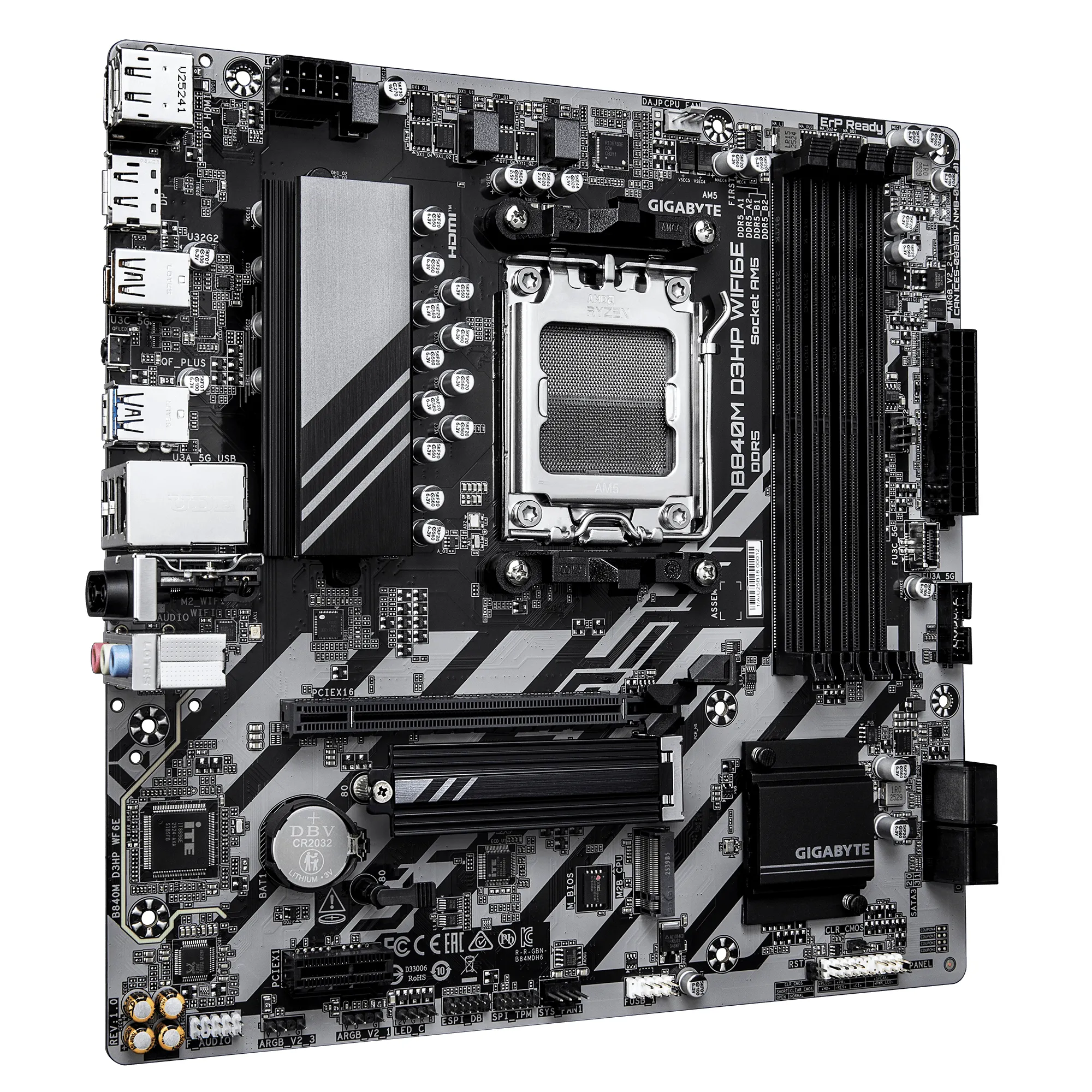 GIGABYTE B840M D3HP WIFI6E Mainboard – AMD Ryzen 9000 CPUs, 8+2+2-Phasen-VRM, bis zu 8200 MHz DDR5 (O.C.), 2× PCIe-4.0-M.2, Wi-Fi 6E, 1-GbE-LAN, USB 3.2 Gen 2 – Bild 3