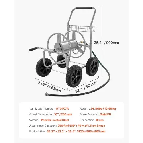 VEVOR Schlauchtrommelwagen, fasst bis zu 76 m x 1,5 cm Schlauch, Garten-Wasserschlauchwagen, mobile Werkzeuge mit 4 Rädern Stahl zum Pflanzen im Freien mit Aufbewahrungskorb, für Garten, Hof, Rasen – Bild 5