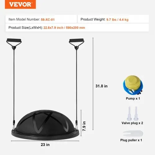 VEVOR Halb-Gymnastikball-Trainer, 23 Zoll Balance Ball Trainer, 660 lbs Tragkraft Stabilitätsball, Yoga-Ball mit Widerstandsbändern und Pumpe, Kraft-Fitnessball für das Heim-Fitnessstudio, Ganzkörpertraining, Schwarz – Bild 6
