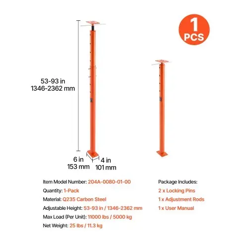VEVOR Wagenheber, Höhenbereich von 135 bis 235 cm, maximale Tragkraft 8.600 kg, verstellbarer Stützbalken, Kellerheberpfostenstange zum Nivellieren, Hebestütze aus Stahl, Teleskop-Wagenheberpfosten für vorübergehende Unterstützung – Bild 6