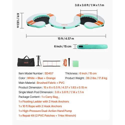 VEVOR Aufblasbares Schwimmdock, 4,57 x 1,83 m, Schwimmplattform mit Rutschfester Oberfläche, Tragetasche & Abnehmbarer Leiter, Schwimmende Insel, Wasserplattform für Pool, Strand & Meer – Bild 6