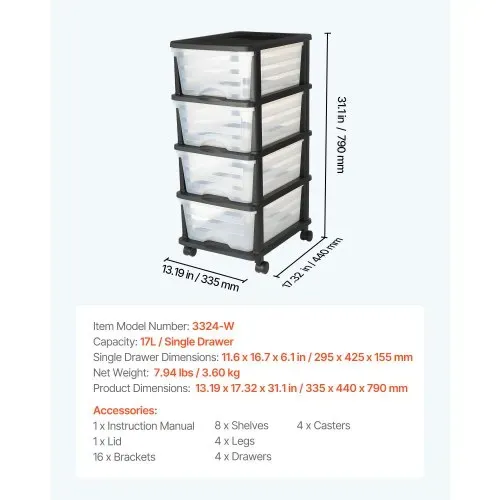 VEVOR Schubladenwagen Schubladenschrank mit 4 Schubladen (17 L / per), rollbarer Schubladen-Container Schubladenbox mit durchsichtigen Behältern für Bürobedarf Bastelräume Klassenzimmer – Bild 6