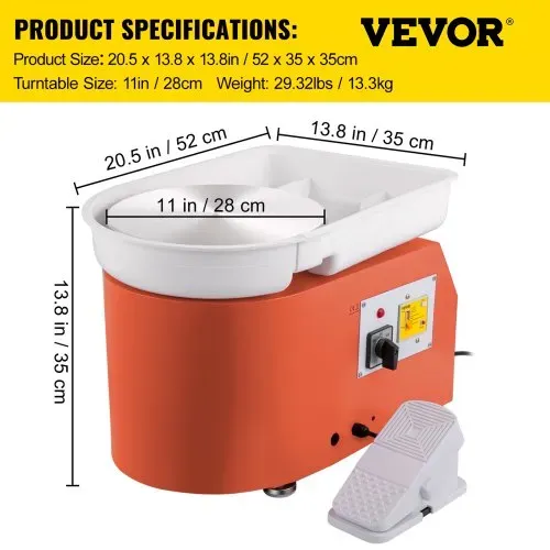 VEVOR 350 W 220 V Keramik Rad Maschine Töpferscheibe, Elektrische Drehscheibe 60 dB, Töpferscheibe Maschine, Max. 300 U/min, Plattenteller 28 cm, Aluminiumlegierung, DIY Töpferei, Orange, 13,3 kg – Bild 6