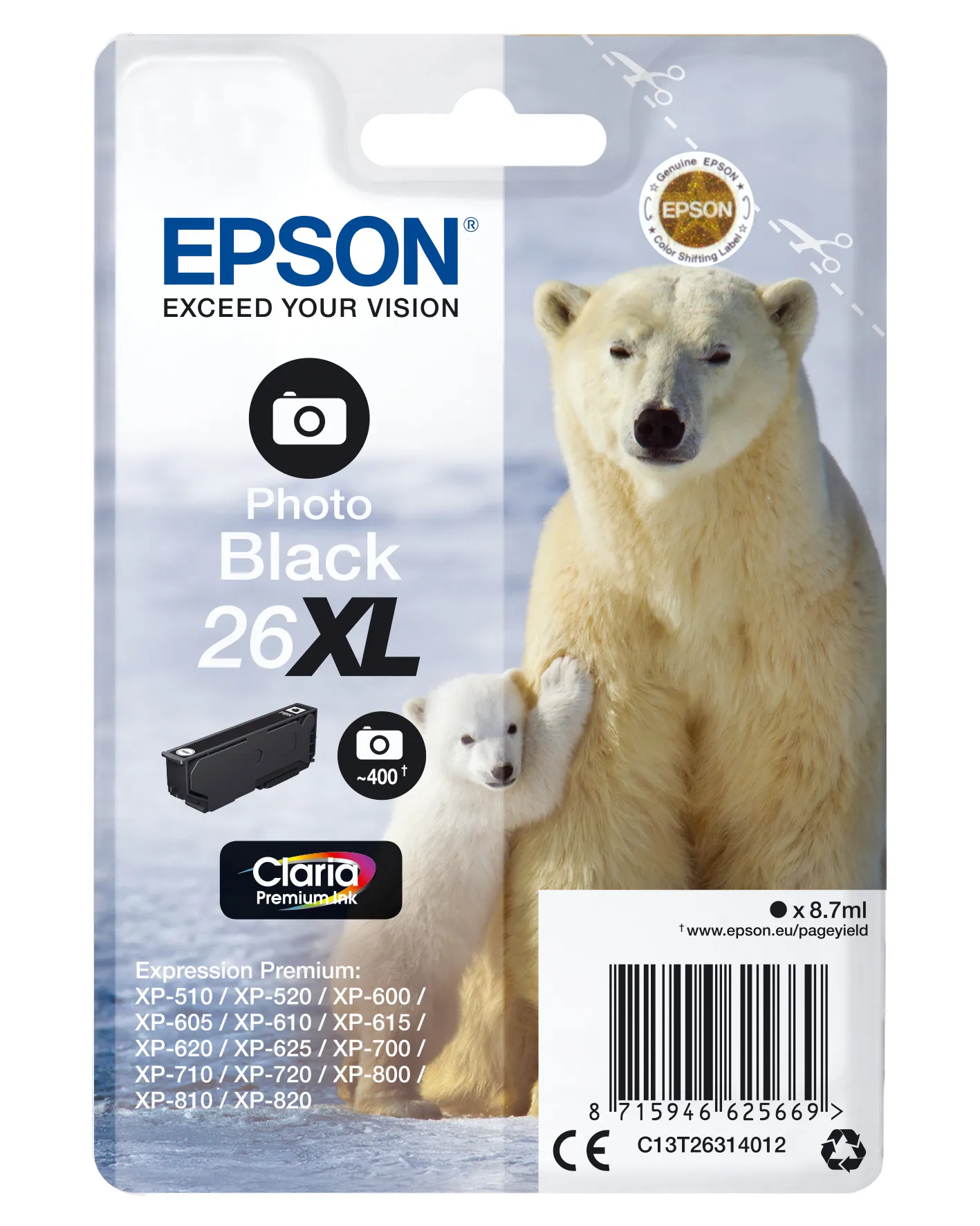 Epson Polar bear Singlepack Photo Black 26XL Claria Premium Ink Epson Polar bear Singlepack Photo Black 26XL Claria Premium Ink