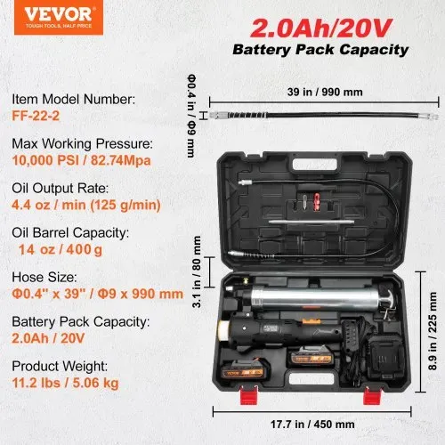 VEVOR 20V Akku Fettpresse 500g Schmierpresse 10.000PSI Arbeitsdruck Elektrische Fettpresse 125g/min Ölfördermenge inkl. 2x 2.0Ah Akkus, Φ9x990mm Schlauch und Schnellladegerät Universal Grease Gun – Bild 6