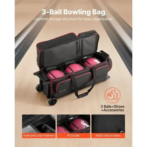 VEVOR Bowlingballtasche für 3 Bälle mit Doppelrollen & separatem Fach für Schuhe (bis US-Größe 16) & übergroßer Zubehörtasche, einziehbarer Griff lässt sich auf 105 cm ausziehen Schwarz + Rot VEVOR Bowlingballtasche für 3 Bälle mit Doppelrollen & separatem Fach für Schuhe (bis US-Größe 16) & übergroßer Zubehörtasche, einziehbarer Griff lässt sich auf 105 cm ausziehen Schwarz + Rot