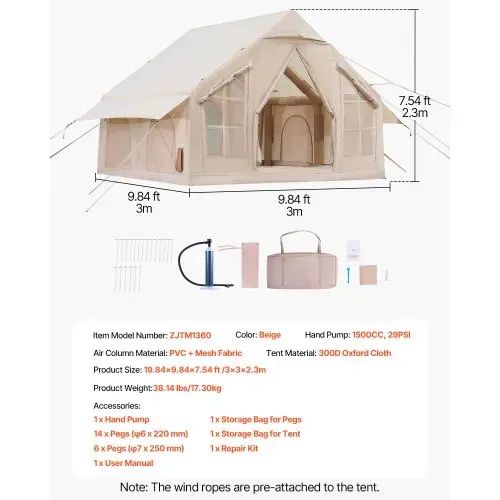 VEVOR Aufblasbare Zelte für Camping 3x3x2,3 m, 4–6 Personen, 300D Oxford 4-Jahreszeiten-Glamping-Zelt mit Handpumpe, Ofenanschluss, 2 Türen & 4 Netzfenstern, inkl. Aufbewahrungstasche für Transport – Bild 6