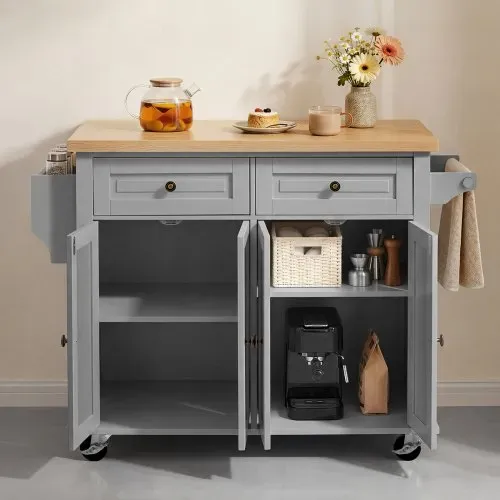 VEVOR Kücheninselwagen mit 2 Schubladen & 2 Türen Mobile Kücheninsel Grau, Küchenwagen mit Gewürzhalter, Handtuchhalter & Tischplatte (900 x 450 x 27 mm) fürs Esszimmer, Küche, Servierwagen – Bild 7