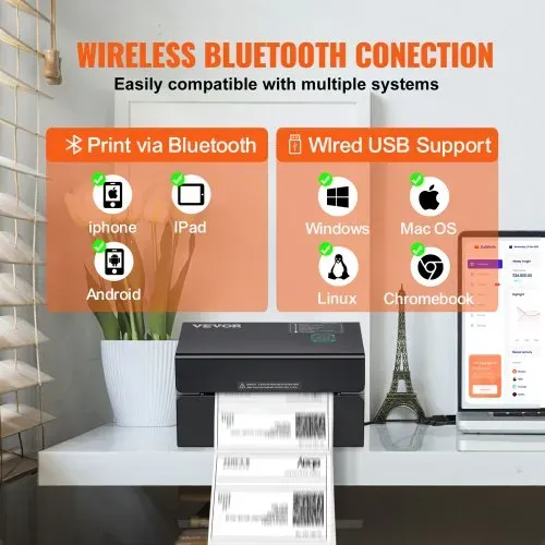 VEVOR Thermo-Etikettendrucker 175x109x94mm Edikettendruckgerät 300DPI Auflösung Labeldrucker Versandetiketten Drucker Bluetooth/USB Automatische Etikettenerkennung Windows Mac OS Linux Chromebook – Bild 2