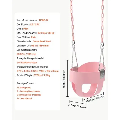 VEVOR Kinderschaukel 136 kg Schaukel Hohe Rückenlehne Vollschalensitz Pink, für Spielplätze im Garten & Indoor, Beschichtete Ketten & Karabiner, Komplett Montierter Sitz für Kinder ab 3 Jahren, CE/CPC – Bild 6