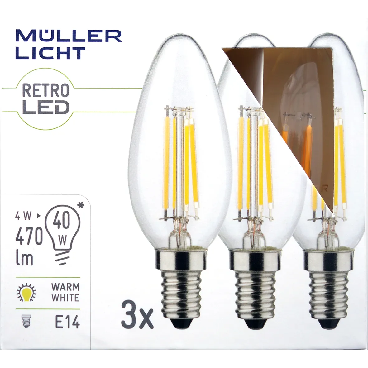 LED Filament Kerzenlampe, E14, 4W, 470lm, 2700K, warmweiß, 3er Set LED Filament Kerzenlampe, E14, 4W, 470lm, 2700K, warmweiß, 3er Set