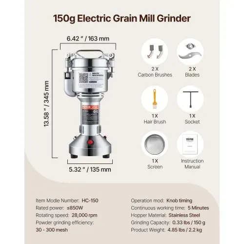 VEVOR elektrische Getreidemühle, Hochgeschwindigkeits-Gewürzmühle mit 850 W, Pulverisiermaschine aus Edelstahl, für trockene Körner Gewürze Müsli Kaffee Mais Pfeffer 163 x 135 x 345 mm – Bild 6