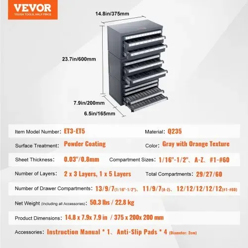 VEVOR Bohrer-Spenderschrank, 3-teilig, drei Schubladen für 1,6 mm bis 12,7 mm und Buchstabengrößen A bis Z, Bohrer-Organizer mit fünf Schubladen für Drahtstärken Nr. 1 bis Nr. 60, Stapelbarer Schrank – Bild 6