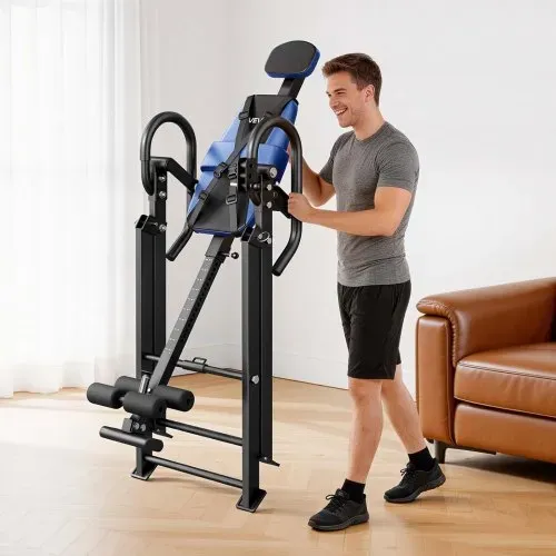 VEVOR Inversionsbank bis 126 kg, Schwerlast-Inversionstisch mit Doppelrollenverriegelung, Rückentrainer zur Entlastung von Wirbelsäule & Nacken, 3-stufige Armlehnen & Verstellbare Fußhalterung Blau – Bild 7