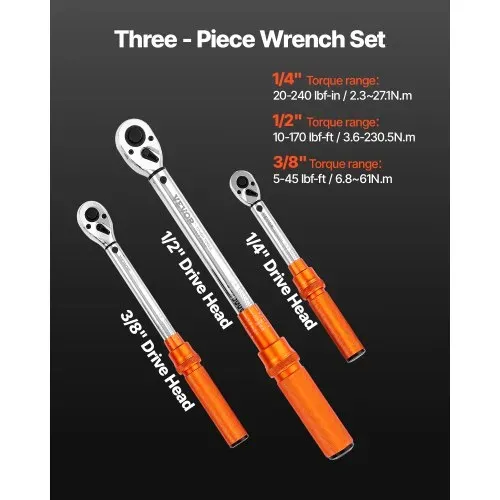 VEVOR Klick-Drehmomentschlüssel (3-tlg.) 1/4 3/8 1/2 Zoll Antrieb Zweiwege-Drehmomentschlüssel-Set mit Zweibereichsskalen, 72 Zähne ±3 % hohe Präzision legierter Stahl für Autoreparatur VEVOR Klick-Drehmomentschlüssel (3-tlg.) 1/4 3/8 1/2 Zoll Antrieb Zweiwege-Drehmomentschlüssel-Set mit Zweibereichsskalen, 72 Zähne ±3 % hohe Präzision legierter Stahl für Autoreparatur