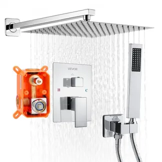VEVOR Duscharmatur Regenduschsystem fürs Badezimmer Duschsystem mit 305 mm quadratischen Regenduschkopf & Handbrause, wandmontierte Badezimmerarmaturen mit Messingventil & Zierset, Silberchrom VEVOR Duscharmatur Regenduschsystem fürs Badezimmer Duschsystem mit 305 mm quadratischen Regenduschkopf & Handbrause, wandmontierte Badezimmerarmaturen mit Messingventil & Zierset, Silberchrom