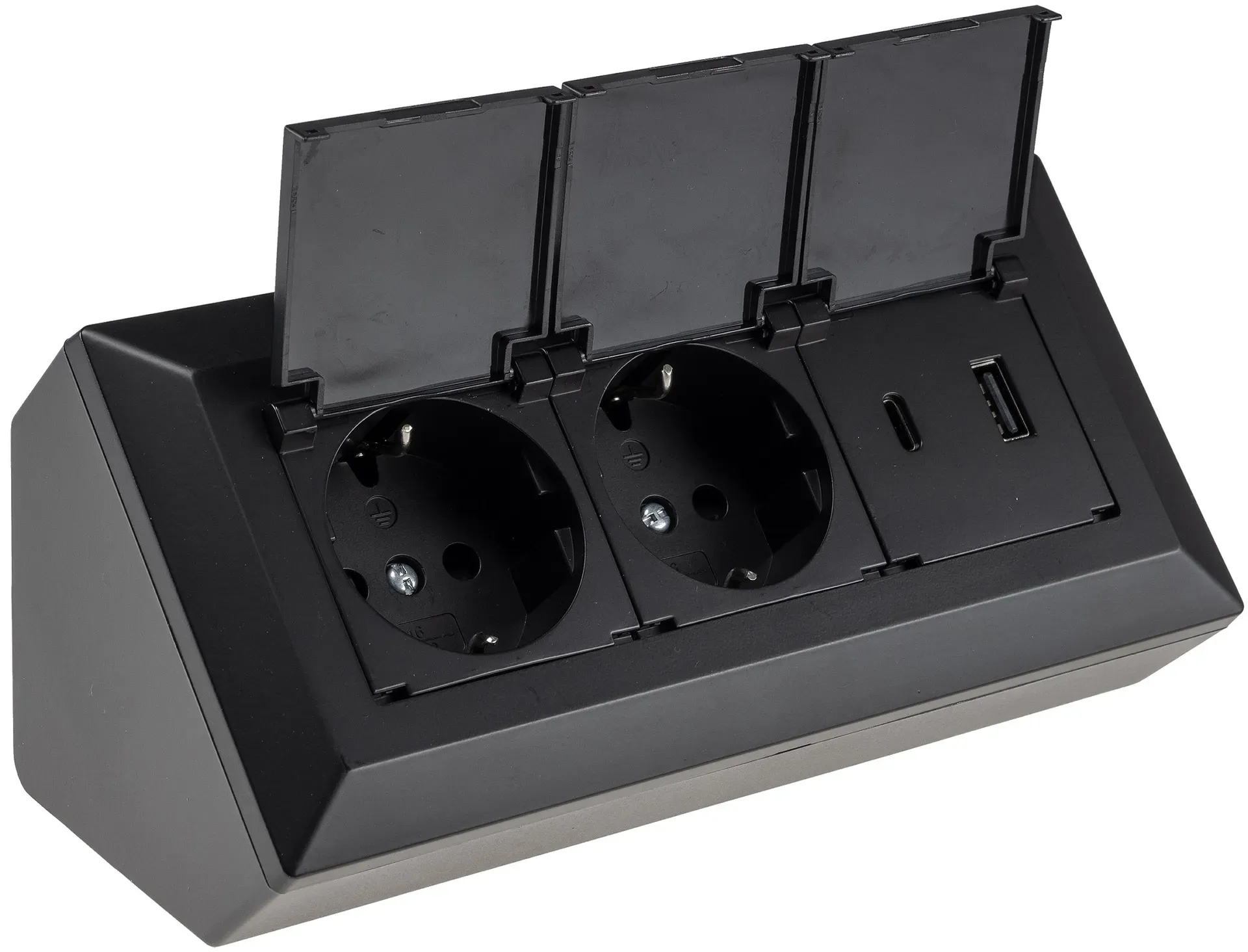 2-fach Steckdosenblock, USB-A+C, schwarz 250V~/ 16A, USB 3,1A, PD, mit Klappen 2-fach Steckdosenblock, USB-A+C, schwarz 250V~/ 16A, USB 3,1A, PD, mit Klappen