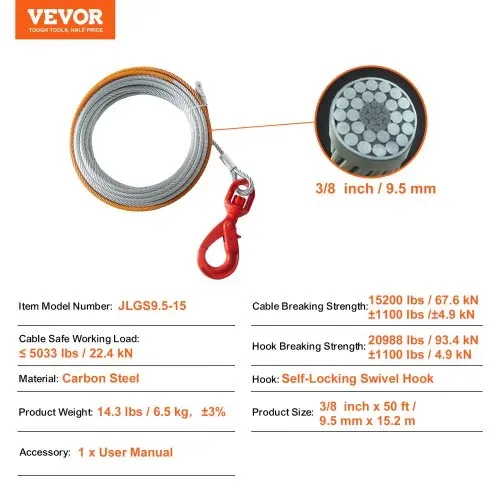 VEVOR Anschlagseil 9,5 mm x 15,2 m Stahlseil 67,6 kN Bruchfestigkeit des Kabels Forstseil mit Drehhaken Hebeseil Drahtseil Abschleppseil Ideal für ATVs UTVs Autos SUVs oder große Geländewagen – Bild 6