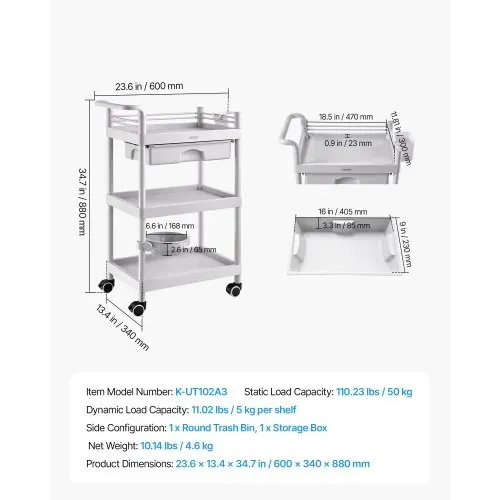 VEVOR Medizinwagen 50 kg Laborwagen Medizinischer Servicewagen 60x34x88 cm, Transportwagen für Klinik Krankenhaus Schönheitssalon Labor, Kosmetikwagen mit Ablageflächen, Schublade, Rollen, PP-Material – Bild 6