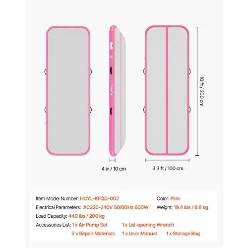 VEVOR Aufblasbare Gymnastikmatte 300x100x10 cm Airtrack-Turnmatte für Training, Wettkampfsport & Yoga, mit Rutschfester Oberfläche, 600-W-Elektroluftpumpe, Reparaturflicken, Düsen & Tasche, Pink – Bild 6