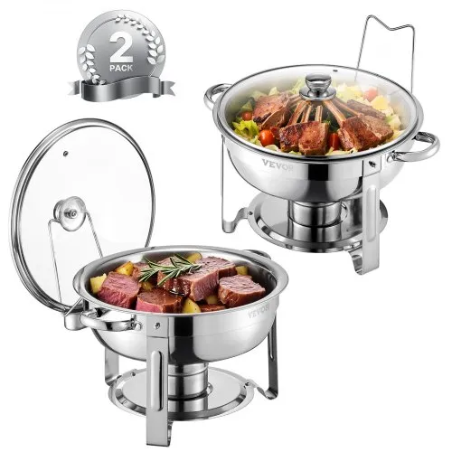 VEVOR Chafing Dish Buffet Speisenwärmer mit 2 Behältern in voller Größe (4,7 L pro), runder Catering-Wärmespender mit Glasdeckel & Wasserpfanne & klappbarer Ständer, für Buffet Partys Silber VEVOR Chafing Dish Buffet Speisenwärmer mit 2 Behältern in voller Größe (4,7 L pro), runder Catering-Wärmespender mit Glasdeckel & Wasserpfanne & klappbarer Ständer, für Buffet Partys Silber