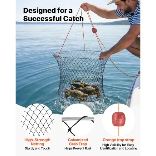 VEVOR Krabbenfallen mit Doppelringen 60 cm (oben) 50 cm (unten), Krabbenreusen 2 Stk. Faltbar mit Skala, 18,28 m Seil und Drahtgitterboden, Krabbensenke für Blaukrabben Wollhandkrabben – Bild 2
