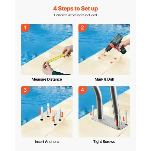 VEVOR Schwimmbad Handlauf, 788x100x558 mm, 100 kg Tragkraft, Pool Haltegriff aus Edelstahl 304, abnehmbare rutschfeste Hülle, umfangreiches Zubehör, für Poolbereiche, Wasserparks & Spa-Zentren – Bild 4