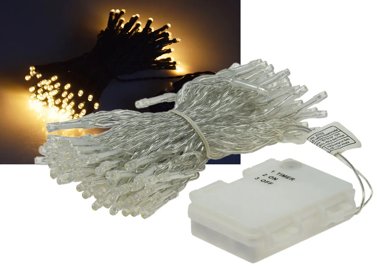 LED Batterie-Lichterkette “CT-TK100” 10m warmweiß, IP44, 100 LEDs, mit 6Std.Timer LED Batterie-Lichterkette “CT-TK100” 10m warmweiß, IP44, 100 LEDs, mit 6Std.Timer