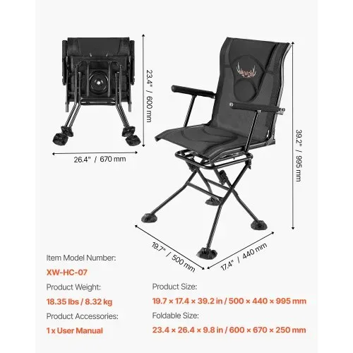 VEVOR Faltstuhl Campingstuhl Anglerstuhl mit Armlehnen & einstellbarem Tragegurt & Stahlrahmen Klappstuhl Gartenstuhl (136 kg belastbar) 360° geräuschlos drehbar, für Picknick Garten Outdoor – Bild 6