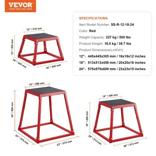 VEVOR 3-teilige Plyometrische Sprungboxen, 305/458/609 mm Plyometric Box Rot, Rutschfestes Fitness-Übungs-Step-Up-Box-Set für Heim-Fitness-Training, Konditions-Krafttraining, Jump Training Tragbar – Bild 6