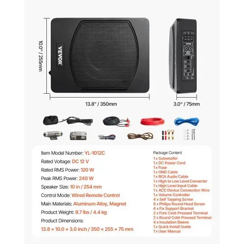 VEVOR Untersitz Auto Subwoofer 240 W 254 mm schlanker Auto Subwoofer unter dem Sitz Subsystem mit eingebautem Verstärker, Hoch-/Niedrigpegel-Eingang und Lautstärkeregler für SUVs Lkws – Bild 6