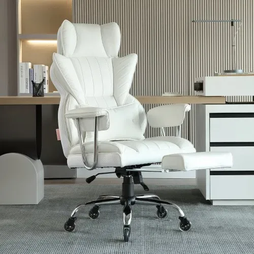 VEVOR Bürostuhl PU Leder Weißer Chefsessel mit Fußstütze, Schreibtisch Drehsessel Höhenverstellbar 0–80 mm, 181,43 kg Tragfähigkeit, Chefsessel Bürostuhl 860 x 610 mm Rückenlehne Drehsessel – Bild 7