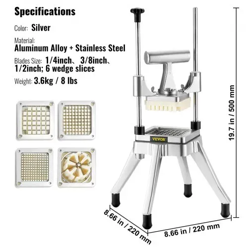 VEVOR Kommerziell Kartoffelschneider Pommes Frites Schneider 1/2 + 3/8 + 1/4 Zoll + 6 Keile, Frittenschneider Gemüseschneider Zerkleinerer Obstschneidemaschine mit 6 Ersatzklingen, Edelstahl Zerhacker – Bild 6