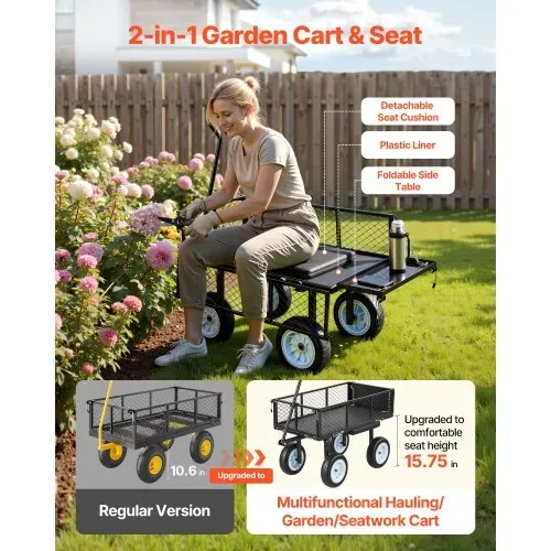 VEVOR Bollerwagen 226,8 kg Tragkraft, Gartenwagen mit Sitz & PU-Rädern, Transportwagen mit Werkzeugablage & Verstellbarem Griff, Gerätewagen für Rasen, Terrasse & Garten, Schwarz – Bild 2