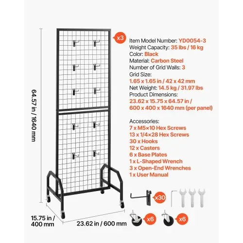 VEVOR Gitterwandpaneele Gitterwand 60 x 164 cm 3 Stk. rollbarer Präsentationsständer mit 30 Haken, Präsentationsregale aus Karbonstahl, Kunstausstellungsregal für Dekoration Lagerung Schwarz – Bild 6