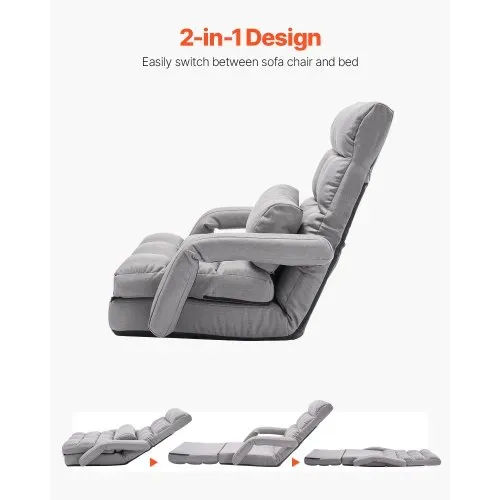 VEVOR Bodenstuhl Boden-Gaming Stuhl mit 5 einstellbaren Positionen & Rückenlehne, klappbarer Sofastuhl mit Armlehne für Erwachsene, Sofa-Liegebett mit Rückenkissen für Schlafzimmer, Grau – Bild 4