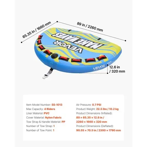 VEVOR Towable Tube für Boote, Wassersport-Schleppreifen für 4 Personen, bis 308 kg Tragfähigkeit, mit Flossen, Nylonhülle, Gepolsterten Griffen und Sicherheitsventil, für Seen, Flüsse und Meere, Blau – Bild 6
