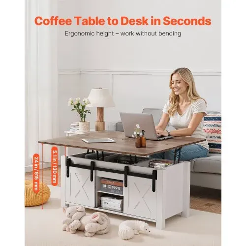 VEVOR Lift Top Couchtisch 100 cm, rustikaler Kaffeetisch mit Scheunentor & verstecktem Staufach, rechteckige Hubtischplatte für Wohnzimmer Büro Zuhause, Wohnzimmertisch Sofatisch Braun + Weiß – Bild 2