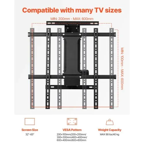 VEVOR motorisierte TV Wandhalterung Halterung für 813 bis 1651 mm Fernseher, elektrischer verstellbarer herunterklappbarer Ständer mit max. VESA 60 x 60 cm, passend für Fernseher bis zu 40 kg – Bild 2
