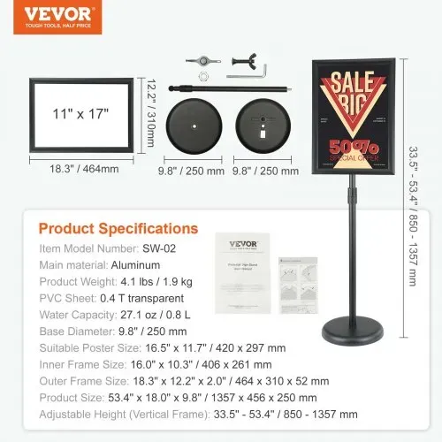 VEVOR Informationsständer 420 x 297 mm Vertikal & horizontal Verstellbarer Posterständer, Robuster Bodenstehender Schilderhalter mit Runder Basis für Displays, Werbung und den Außenbereich Schwarz – Bild 6