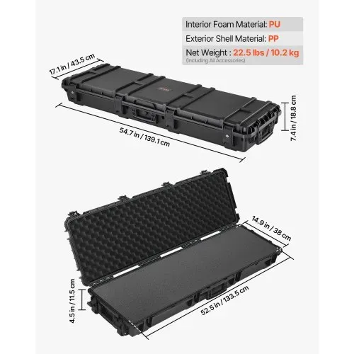 VEVOR Waffenkoffer mit Hartschale für Langwaffen, abschließbarer Gewehrkoffer mit vorgeschnittenen Schaumstoffen, Langwaffenkoffer Waffenaufbewahrung rollbar IP67 wasserfest, 139,1 x 43,5 x 18,8 cm Schwarz – Bild 2