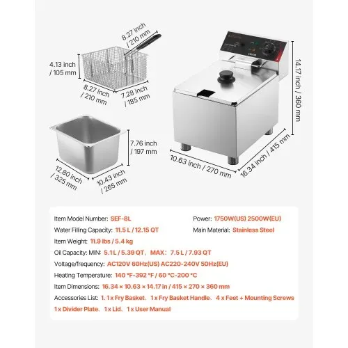 VEVOR Gewerbliche Elektrische 1-Becken-Fritteuse 7,5 L Ölfassungsvermöge, 2500 W Edelstahl-Tischfritteuse mit Frittierkorb, Deckel, Temperaturregelung und Verstellbaren Füßen, für Restaurant, Imbiss – Bild 6