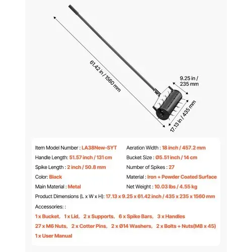 VEVOR Aerifizierer, 435x235x1560mm, Hand Vertikutierer, Rasenbelüfter mit abnehmbarem Griff und 27 Eisenspikes, Rasenlüfter für verdichtete Böden und Rasenflächen im Garten, Terrasse, Hof, Schwarz – Bild 6
